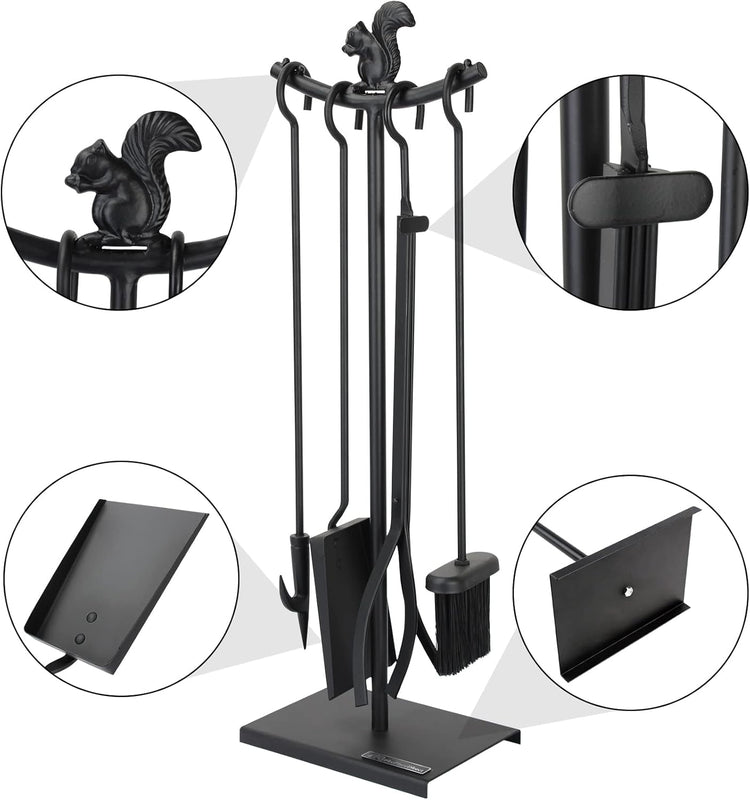 5 Pieces Fireplace Tools Set Strength Wrought Iron Indoor Outdoor Fire Place Toolset Hearth Accessories Kit with Fireplace Brush, Fire Poker, Fireplace Shovel, Firewood Tong