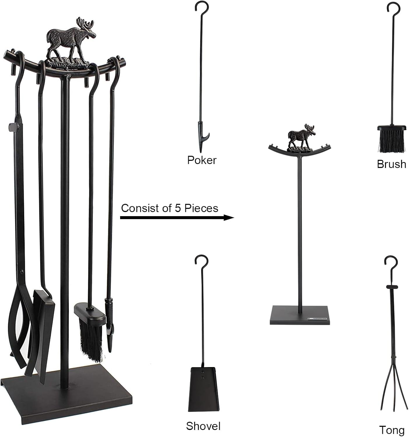 5 Pieces Fireplace Tools Set Strength Wrought Iron Indoor Outdoor Fire Place Toolset Hearth Accessories Kit with Fireplace Brush, Fire Poker, Fireplace Shovel, Firewood Tong