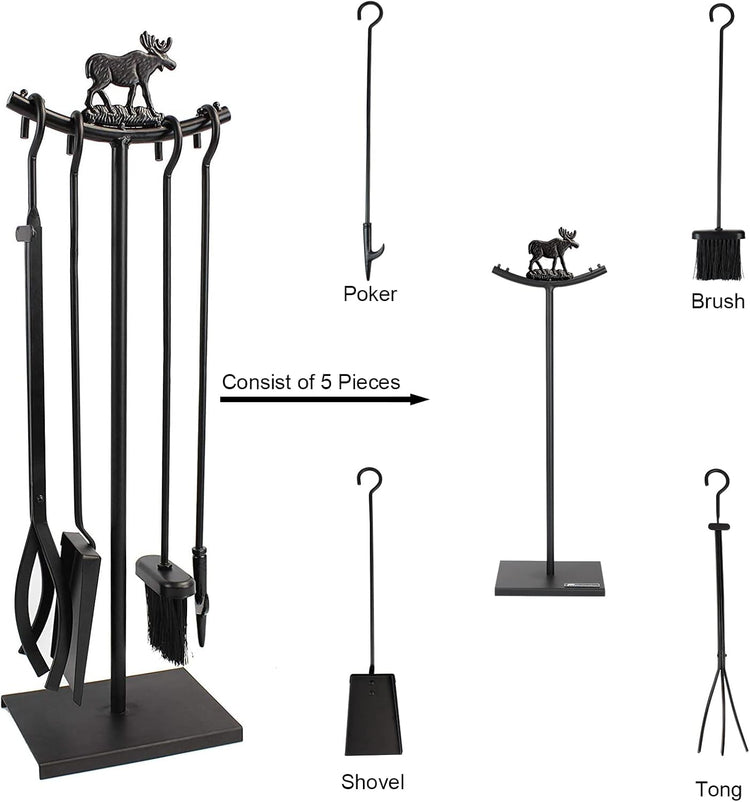 5 Pieces Fireplace Tools Set Strength Wrought Iron Indoor Outdoor Fire Place Toolset Hearth Accessories Kit with Fireplace Brush, Fire Poker, Fireplace Shovel, Firewood Tong