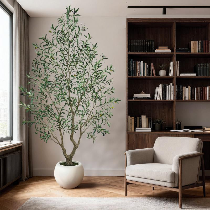 Realistic Artificial Olive Tree with Thick Trunk & Lifelike Fruit – 5/6/7/8FT, Perfect for Home & Office Décor with round White Pot