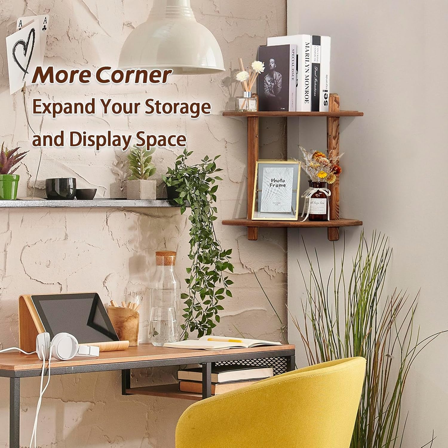 Floating Corner Shelf, Wood Bookshelf Floating Wall Mounted, Small Corner Shelve