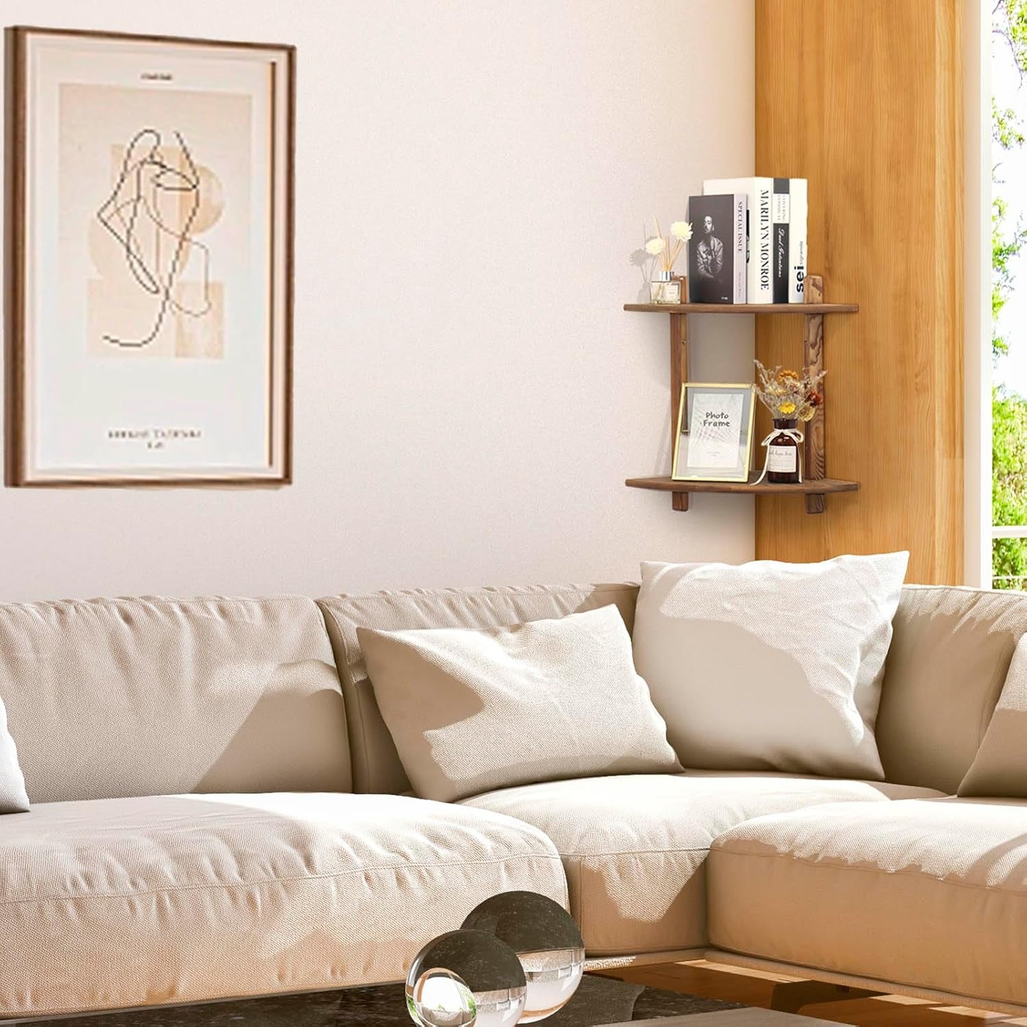 Floating Corner Shelf, Wood Bookshelf Floating Wall Mounted, Small Corner Shelve