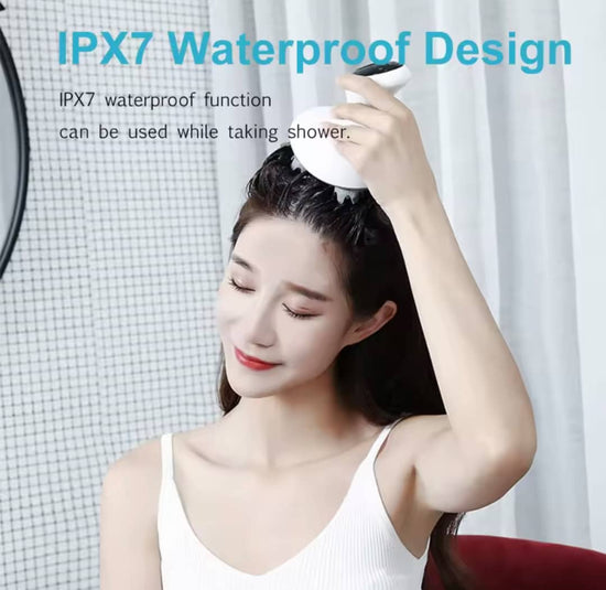 Person using a hair care product with IPX7 waterproof design text overlay
