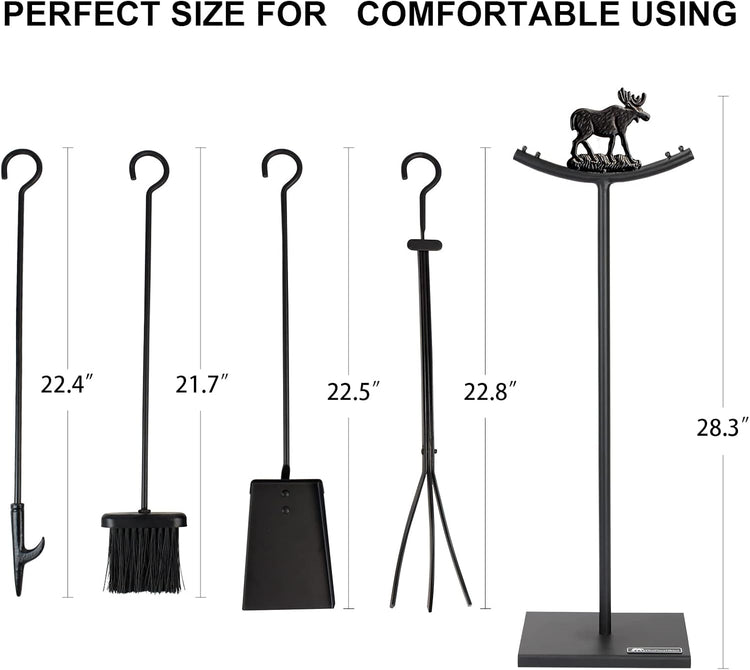 5 Pieces Fireplace Tools Set Strength Wrought Iron Indoor Outdoor Fire Place Toolset Hearth Accessories Kit with Fireplace Brush, Fire Poker, Fireplace Shovel, Firewood Tong